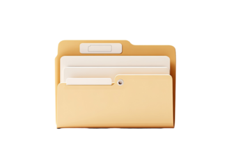 Beige folder with documents.  3D rendering of a file folder, light beige color,  showing internal documents.  Simple, clean design