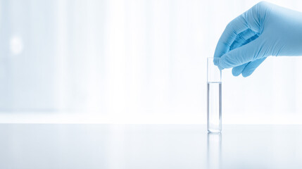 Minimalistic laboratory setup features hand placing a test tube with liquid