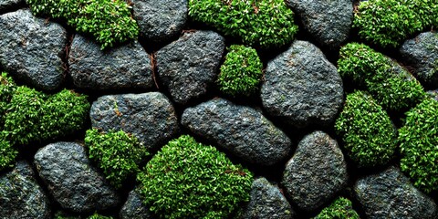 Moss grows between gray rocks