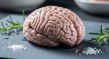A Close-Up View of a Realistic Human Brain Model with Rosemary and Salt Sprinkles, Symbolizing Health and Neuroscience