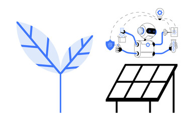 Robotic automation managing solar energy generation with a clean energy-driven focus beside a leaf icon. Ideal for sustainability, technology, green energy, AI, eco-friendly systems, smart grid tech