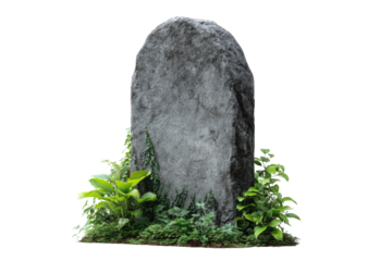 Gray stone monument, surrounded by greenery, against a black background.  A large, smooth, gray stone obelisk stands on a bed of small plants and greenery