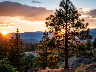 Fototapeta premium Sunset light through forest trees