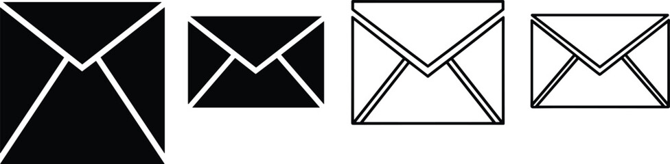 PrintBlack and white vector envelope icons in solid and outline styles, perfect for email, communication, postal service, and messaging design projects