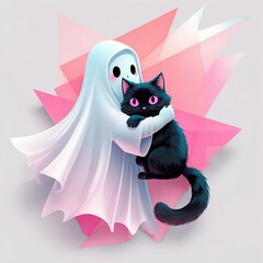 Cute ghost character holding a black cat with pink eyes on a geometric pink and white background