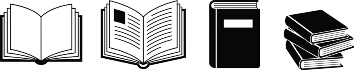 PrintBlack and white vector icons of open and closed books with label and illustration, perfect for education, reading, and publishing themesBlack and white vector icons of open 