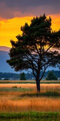 Lone tree at golden hour in open field