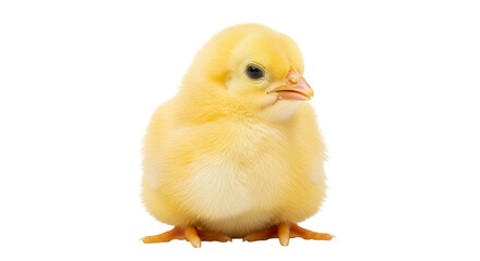 Obraz premium Cute little yellow baby chick, isolated on a white background, a young poultry animal with fluffy feathers and a small beak