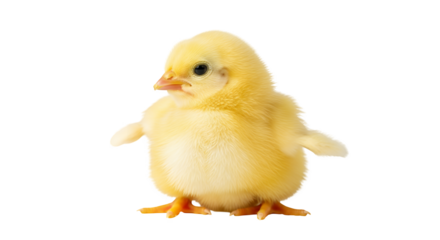 A cute, small yellow newborn chick is isolated on a white background