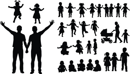 PrintSilhouette vector of adults and children in playful activities, family interactions, childhood moments, minimal artistic composition design concept illustration