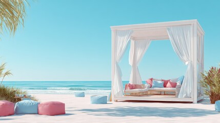 Beachside cabana with white curtains, pillows, and beanbags under a sunny blue sky