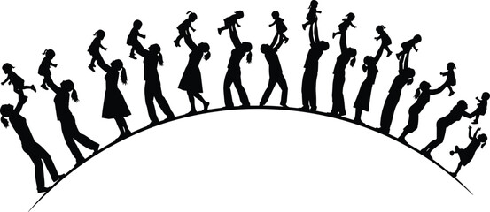 PrintSilhouette vector of adults carrying children on shoulders along curved path, symbolizing generational support, family bond, journey, parenting, emotional connection