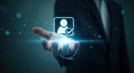 Businessman s finger touches digital icon representing user profile verification and identity confirmation technology