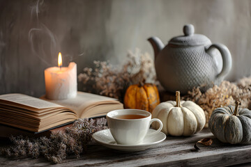 Cozy warm autumn composition with cup of hot tea, burning candle, open book and pumpkins on wooden background. Autumn home decor. Fall mood. Thanksgiving. Halloween.