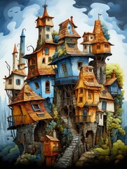 A fantastical illustration of a colorful treehouse village perched on a rocky hillside surrounded by lush greenery.