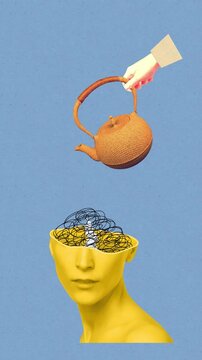 Woman with flowers on her head, mental health 4K animation. Mindfulness, positive thinking, self care idea. Conceptual design symbolizing personal growth