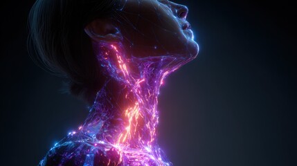 Medical visualization of a woman's neck showing hyperactive thyroid with graves disease, glowing with vibrant colors against a dark background