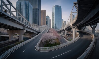 Fototapeta premium Urban highway network with cherry blossoms. Modern city overpasses and roads intertwine, a complex network of concrete and steel. Sakura trees in bloom add a touch of spring to the cityscape