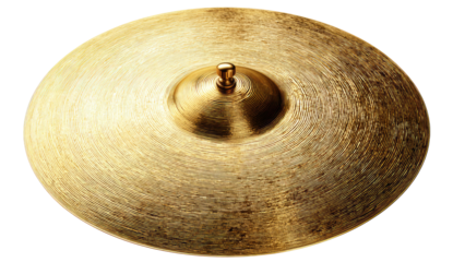 Close-up of a gold-toned cymbal.  Circular, brassy surface with hammered texture.  Center mount and slight variations in tone