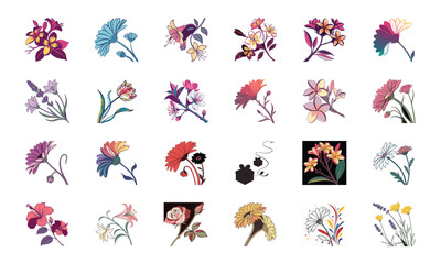 Collection of 24 Beautiful Colorful Flower Illustrations Featuring Daisies, Tulips, Hibiscus, Sunflowers, Plumeria, Roses, Lilies, Lavender, and Mixed Botanical Art Elements in Elegant Hand-Drawn Sty
