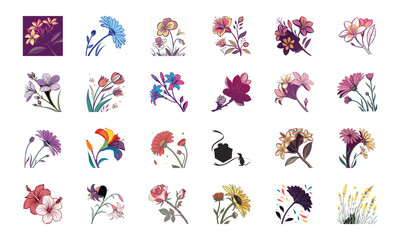 Collection of 24 Beautiful Colorful Flower Illustrations Featuring Daisies, Tulips, Hibiscus, Sunflowers, Plumeria, Roses, Lilies, Lavender, and Mixed Botanical Art Elements in Elegant Hand-Drawn Sty