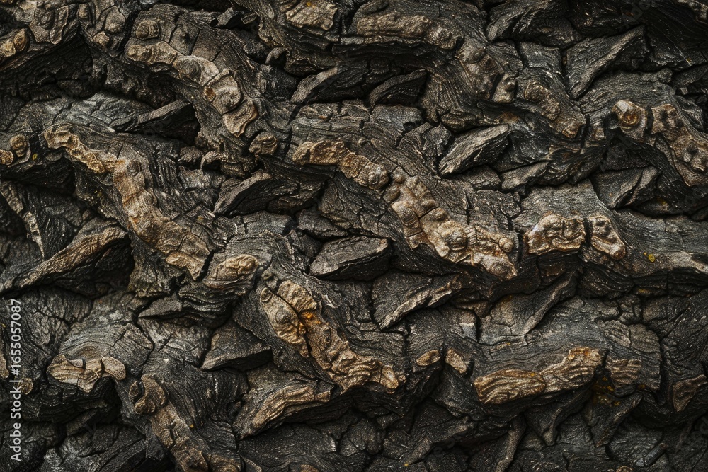 Poster close up view of intricate dark brown tree bark forming an abstract pattern, showcasing nature's tex
