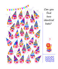 Obraz na płótnie Canvas Can you find two identical hats? Logic puzzle for children and adults. Game Seek and Find. Page for kids brain teaser book. Task for attentiveness. IQ test. Hand drawn vector illustration.