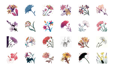 Collection of 24 Beautiful Colorful Flower Illustrations Featuring Daisies, Tulips, Hibiscus, Sunflowers, Plumeria, Roses, Lilies, Lavender, and Mixed Botanical Art Elements in Elegant Hand-Drawn Sty