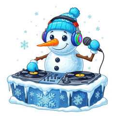 A cheerful snowman dj mixing music on turntables, isolated on transparent background, spreading winter holiday cheer with a fun and festive vibe