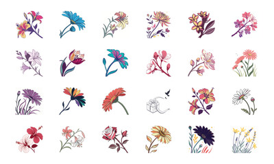 Collection of 24 Beautiful Colorful Flower Illustrations Featuring Daisies, Tulips, Hibiscus, Sunflowers, Plumeria, Roses, Lilies, Lavender, and Mixed Botanical Art Elements in Elegant Hand-Drawn Sty