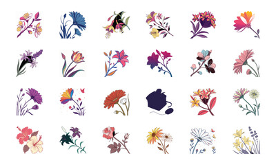Collection of 24 Beautiful Colorful Flower Illustrations Featuring Daisies, Tulips, Hibiscus, Sunflowers, Plumeria, Roses, Lilies, Lavender, and Mixed Botanical Art Elements in Elegant Hand-Drawn Sty