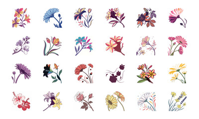 Collection of 24 Beautiful Colorful Flower Illustrations Featuring Daisies, Tulips, Hibiscus, Sunflowers, Plumeria, Roses, Lilies, Lavender, and Mixed Botanical Art Elements in Elegant Hand-Drawn Sty