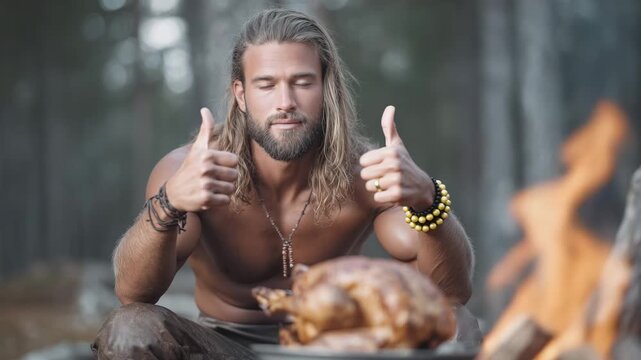 Happy man looking like a Viking or a primitive hunter shows approval of food cooked on a campfire. Outdoor life, strong character. Grilling poultry. Paleo diet