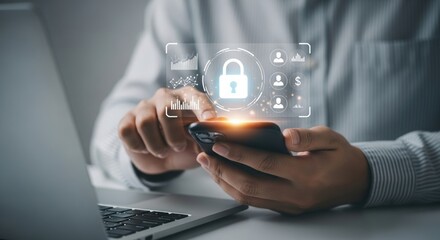 Person holding a smartphone with a glowing digital padlock and network icons overlayed signifying data protection and cybersecurity