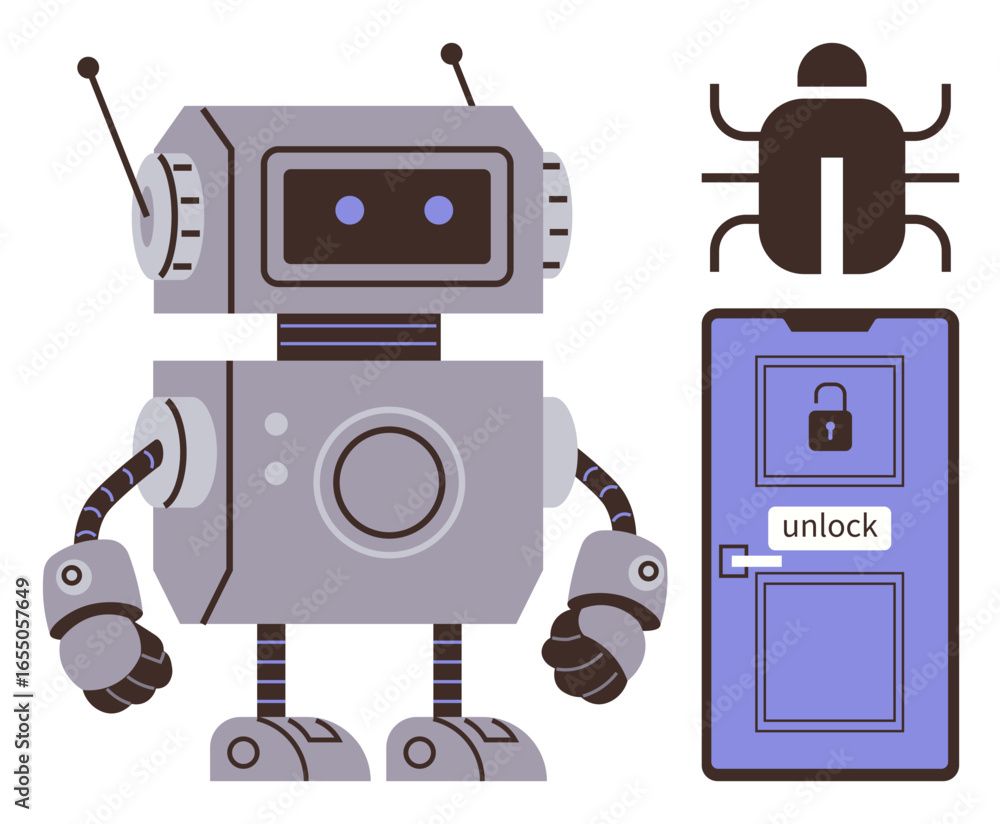 Poster cartoon robot with antennas, digital bug, and locked door with unlock sign. ideal for ai, cybersecur