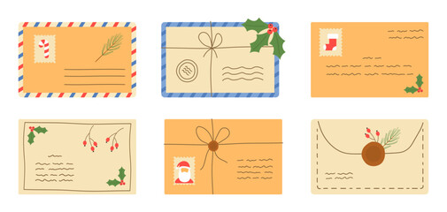 Set of Christmas envelopes. Collection of envelopes with mail, postage stamps and postcards.Vector illustration
