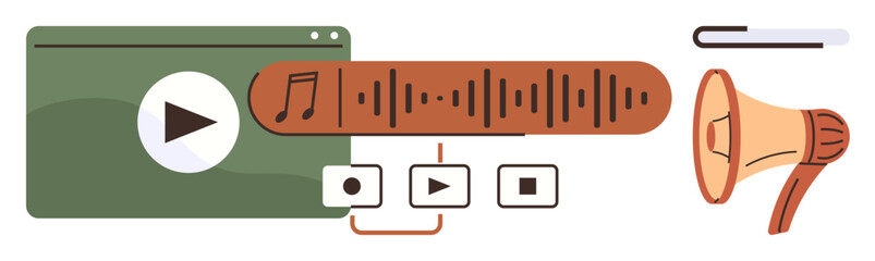 Multimedia player with play, pause, and stop controls, sound waveform, music note, and megaphone. Ideal for audio streaming, sound design, music production media control content creation