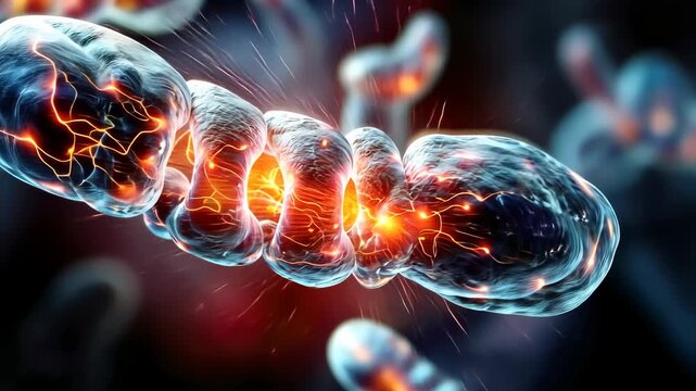 Organelle powerhouse form: energy producer, internal fold, crista surface, glowing matrix, cellular mechanism, vibrant core, ATP region, membrane curve, mitochondrial trace, dynamic element