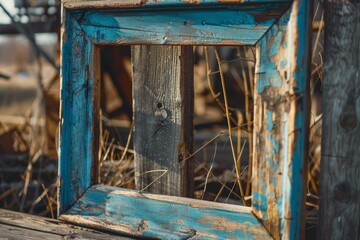 Old weathered empty wooden frame framing dry twigs in sunlight