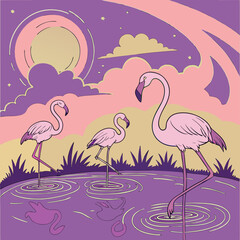 Three pink flamingos in a purple pond under a sunset sky