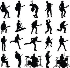 Obraz premium PrintVector silhouettes of 20 musicians performing with guitars, drums, and microphones in dynamic poses, ideal for music, concert, and entertainment themes