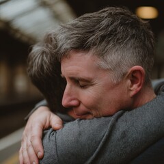 Fototapeta premium Man embraces child at train station
