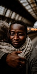 Fototapeta premium Man embracing woman on train platform