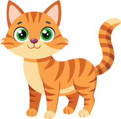 Fototapeta premium Adorable cartoon ginger tabby cat with big green eyes standing against a blue background