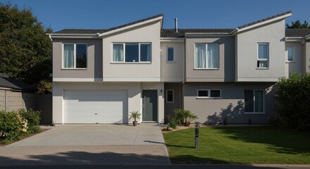 Modern townhouse with garage driveway and garden