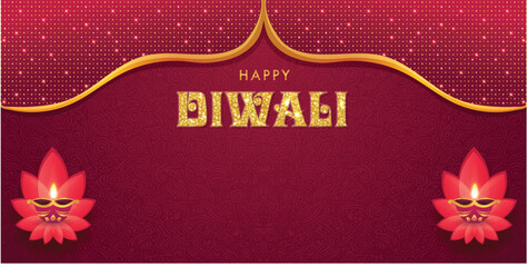 A luxurious and elegant banner for the Diwali festival. Features golden glitter text and glowing lotus-shaped diya lamps on a rich red background with a sparkling gold border.