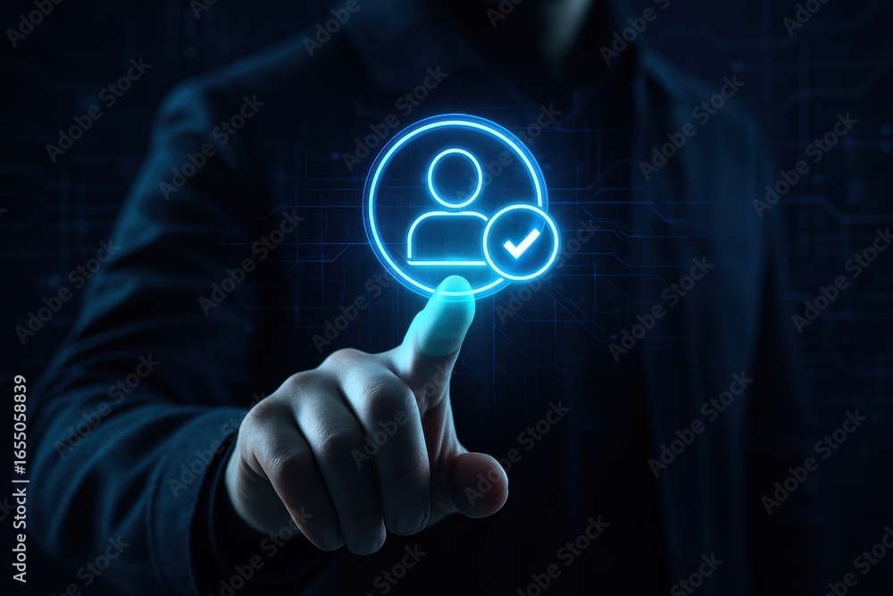 Poster digital verification icon: a person's finger touches a glowing digital verification icon, representi
