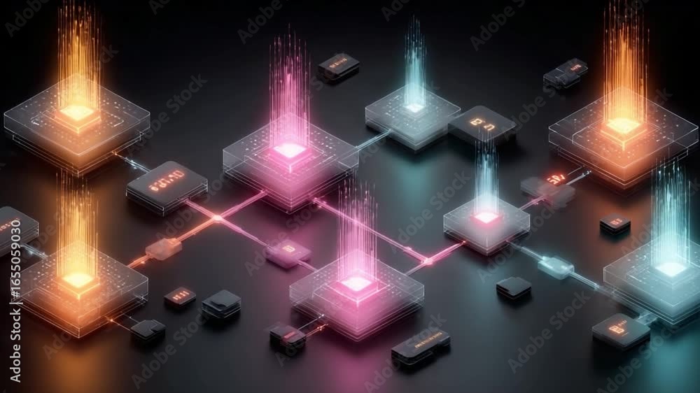 Poster digital network visualization: a complex, futuristic network of interconnected nodes glows with vibr