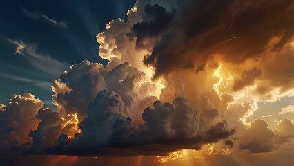 dramatic sunbeams breaking through storm clouds in golden sky over textured atmosphere