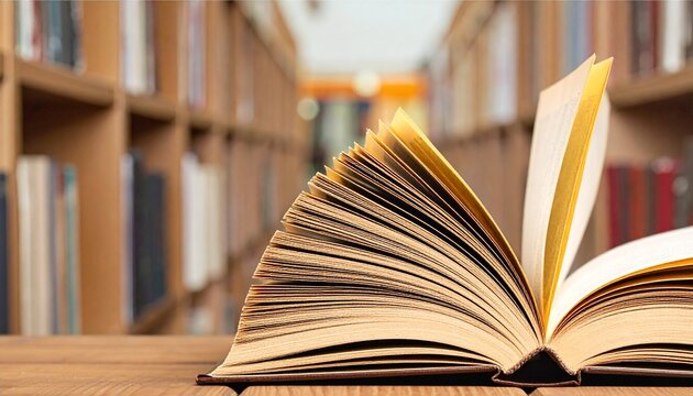 Close-up of an open vintage book with fanned pages on a wooden table in a blurred library